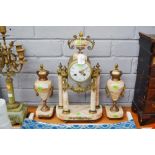 Antique French marble mantle clock and garnitures, has key & pendulum (in office), clock approx 42cm