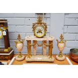 Antique French mantle clock and garnitures, has key and pendulum (in office), clock approx 46cm H