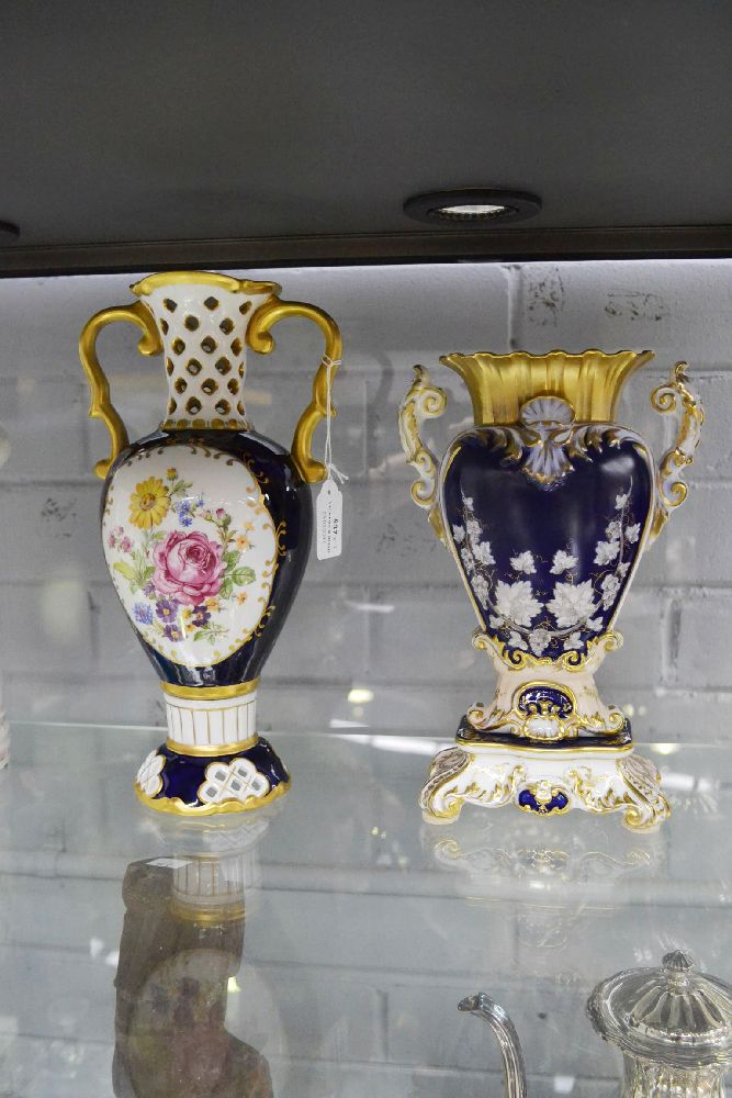 Blue & white with gilt decoration vase along with a Royal Dux example, approx 30cm H and smaller (