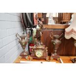 Antique French figural mantle clock & garnitures, "Possie D' Automne has key & pendulum (in office),