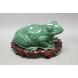 Large carved green stone frog on base, approx 22cm H including base x 39cm W