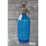 Blue glass soda siphon, etched with Abbotts Launceston, Tasmania, approx 29cm H