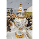 Large Porcelain Italian twin handled vase with encrusted flower decoration & brass mounts, approx