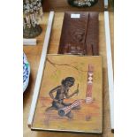 Carved wooden board with a small painting, approx 58cm L and smaller (2)