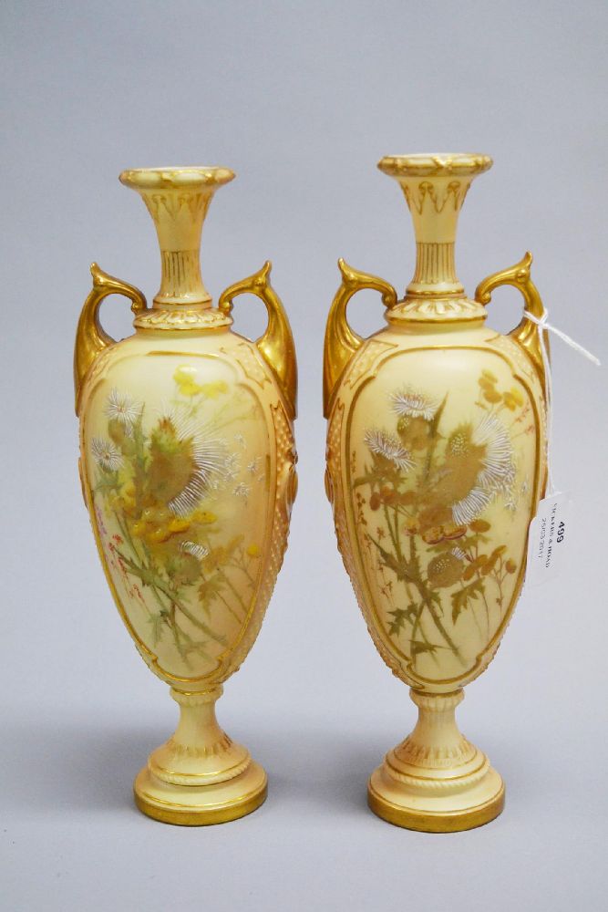 Pair of antique Royal Worcester blush ivory urn form vases, pink & green mark to base (2)