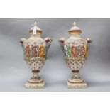 Pair of large antique Naples Capodimonte lidded urns, heavily decorated with classical figures &