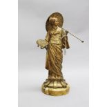 Japanese inspired French bronze figure of a Geisha, holding fan & parasol, signed to back, on a