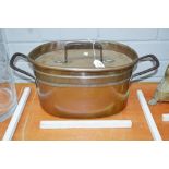 Antique French copper lidded Dutch oven, approx 23cm H x 48cm W x 25cm D