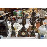 Antique French figural mantle clock and garnitures "Retour De Jardin", has key and pendulum (in