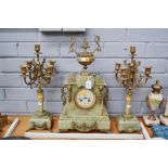 Antique French mantle clock and garnitures, has key (in office) and pendulum, clock approx 50cm H