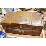 Wooden Oriental jewellery box, approx 20cm x 44cm x 21cm