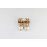 Art deco style, 14ct yellow gold earrings set with diamonds rubies and detachable mabe pearls marked