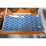 Five rectangular blue cream trellis pattern glass plates, approx 45cm L x 22cm W (5)