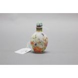 Hand painted white glass. Decorated with flowers bird & butterflies snuff bottle, 7cm H approx