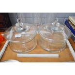 Pair of large hand blown crystal squat lidded bon bon jars, approx 20cm H x 26cm dia (2)