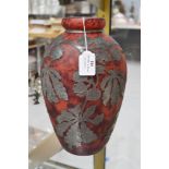 Vintage French mottled red glass vase, with applied metal decoration, no visible signature, approx