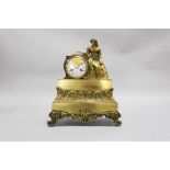 Antique French figural bronze mantle clock, has key and pendulum (in office) approx 34cm H x 28cm