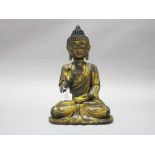 Chinese partial gilded bronze statue signed, approx 32cm H