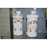 Two antique French porcelain chemist jars "Gom: Gutte" & "Ext: D:Centaur" each approx 27cm H (2)