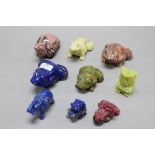Collection of carved stone frogs, turtle and elephant, turtle approx 12cm L and smaller (9)