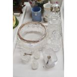 Glass and crystal to include decanter, rose bowl, and a very nice antique pedestal salt etc,