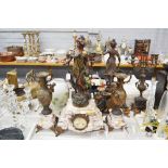 Antique French figural mantle clock & garnitures, maiden to clock and Putto to garnitures, "Poesie