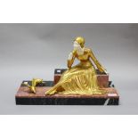 Art Deco style figure of a seated lady & birds, approx 31cm H x 47cm W x 18cm D