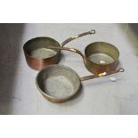 Three antique French saucepans, one with a rounded base, approx 25cm Dia and smaller (3)