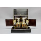 Antique French Napoleon III liquor box with brass inlay, bottles & decanters decorated in gilt,