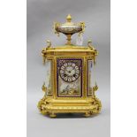 French mantle clock with porcelain panel decoration, has key and pendulum (in office), approx 42cm H