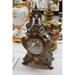 Antique French bronze boudoir clock, has key and pendulum (in office), approx 44cm H x 24cm W x 12cm