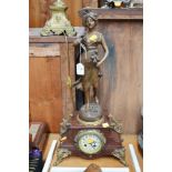 Antique French figural spelter mantle clock "Printemps", has key (in office) and pendulum, approx