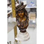 Antique French bronze bust of a young lady, cold painted face, signed to back, (unclear), approx