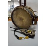 Antique French drum, with sticks, and belt, approx 42cm dia