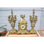 Antique French renaissance revival mantle clock & garnitures, has key and pendulum (in office),