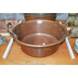 Antique French copper & brass twin handled preserving pan, approx 39cm dia