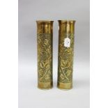 Pair of French WWI brass trench art vases, each approx 34cm H (2)