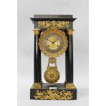 Antique French Empire portico clock with silvered dial, no key, has pendulum, approx 45cm H x 24cm W