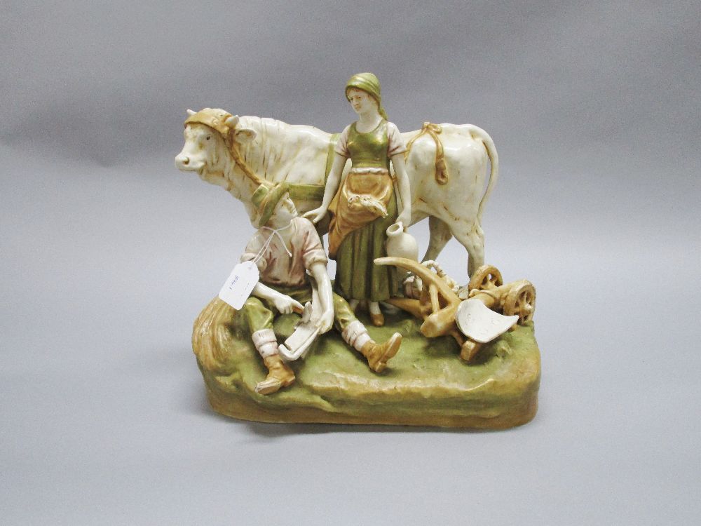 Royal Dux figure group of cow, man & girl, Eichwald (Duchow in Czech), early 20th century, approx