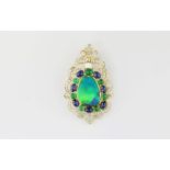 Large ladies Opal 18ct yellow gold pendant, set with Sapphires Emeralds and white diamonds surround,