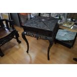 Impressive antique Chinese carved hardwood envelope games table, finely carved in relief, approx