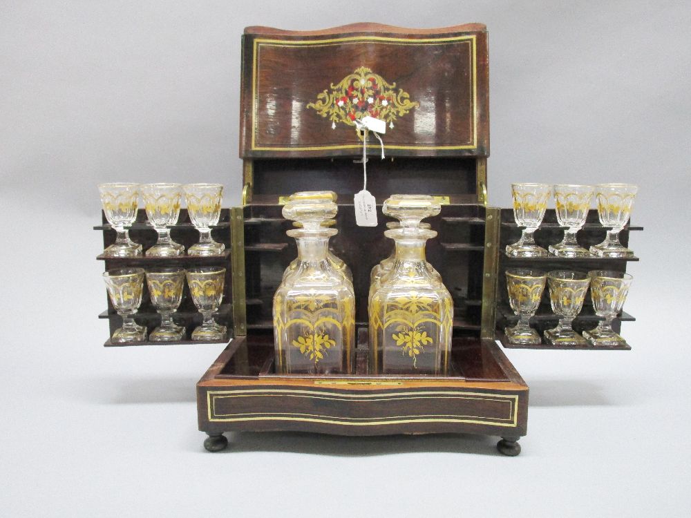 Antique French Boulle Napoleon III brass bound liquor box with nicely decorated glass bottles,