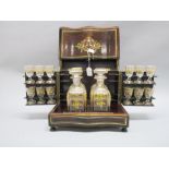 Antique French Boulle Napoleon III brass bound liquor box with nicely decorated glass bottles,