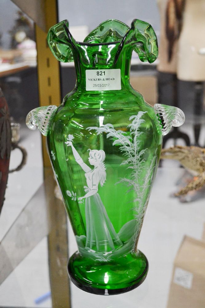 Green glass Mary Gregory vase with applied clear glass twin handles, approx 30cm H