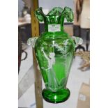 Green glass Mary Gregory vase with applied clear glass twin handles, approx 30cm H