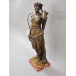 Antique French Diane spelter figure on marble base, approx 66cm H