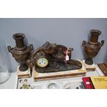 Antique French mantle clock and garnitures, titled Surprise has key (in office), no pendulum, approx