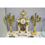 Antique French marble mantle clock with urn to top & garnitures, has key (in office) and pendulum,