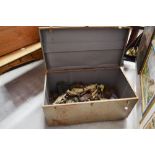 Army tin trunk with contents to include belts, straps, etc