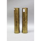 Pair of French WWI brass trench art vases, each approx 35cm H (2)